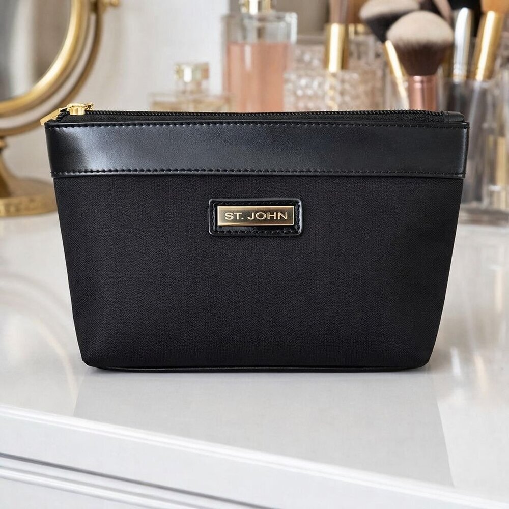 St. John Black Cosmetic Zip Pouch | Luxury Makeup Bag | Patent Trim